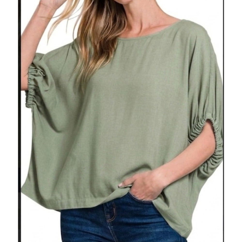 Zenana Woven Oversized 3/4 Sleeve Boxy Top Light Olive Green Rayon Blouse Med